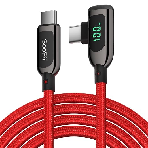 SOOPII 100W Right Angle USB C to USB C Cable2-Pack 1FT Zinc Alloy Case Nylon Braided Type-C Cable with LED Display for lPad Mini/Air/ProMacBook ProSamsung S23/S22/S10PixelLG(0.3mBlack)