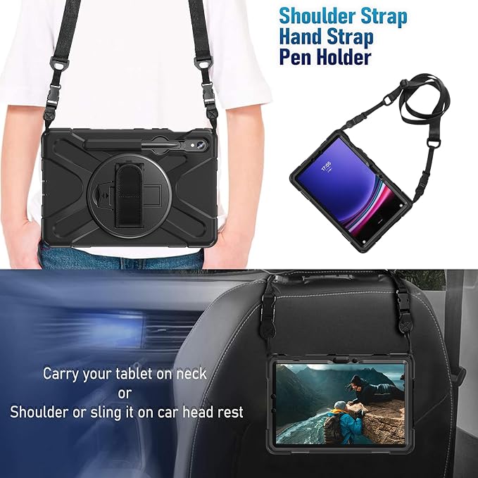 Case for Galaxy Tab S10 FE+ 13.1 2025 with Screen Protector+360 Rotating Hand Strap&ampStand+Shoulder Strap (Black)
