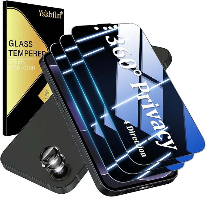 (3+2 Pack) 360° Privacy Screen Protector for iPhone 16 Pro Max 【4 Way Anti Spy】 + Camera Lens Protector9H Shatterproof Anti-PeepBubble-Free Case Friendly Easy Installation Frame Included