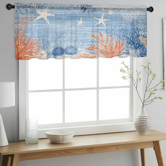Ocean Corals Sheer Valance Curtains, Summer Beach Coral Sea Stars Blue Stripes