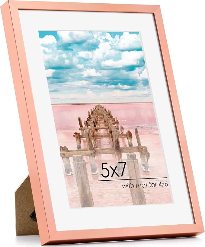 5x7 Picture Frame | 5x7 Metal Frame With Mat For 4x6 | 5 x 7 Aluminum Photo Frame | Plexiglass And Hanging Hardware Included | 5 By 7 Picture Frame | Rose Gold