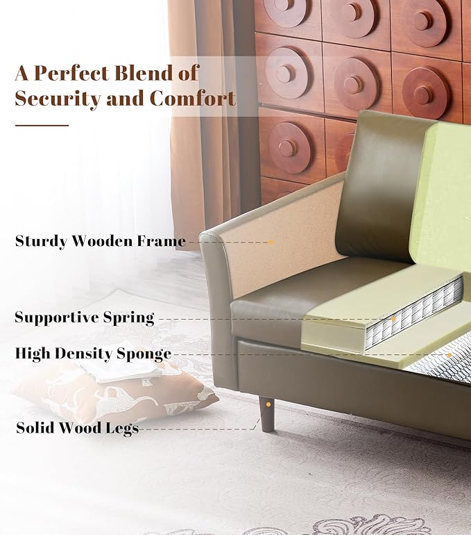 Kingfun Faux Leather 3 Seat Couch for Living Room, Mid Century Modern Sofa with Rolled Arms and Deep Seats, Fluffy Comfort for Apartment, Easy to Assemble, Olive Green