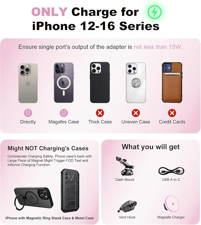 for MagSafe Car Mount Charger Dash/Windshield/Vent Wireless Car Charger with [LED Light], Strong Magnetic Phone Holder for Car for iPhone 16 15 14 13 12 Series, Fit MagSafe Accessories (Pink)