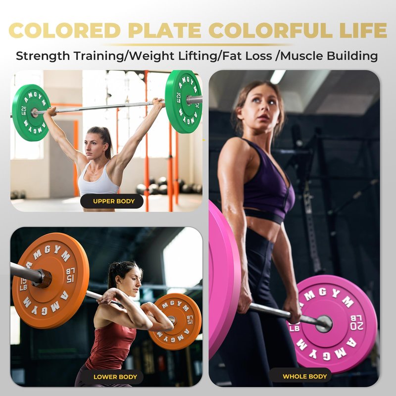 AMGYM Color Olympic Bumper Plate, Weights Plates, Bumper Weight Plate, Steel Insert, Strength Training（100 lb set new）