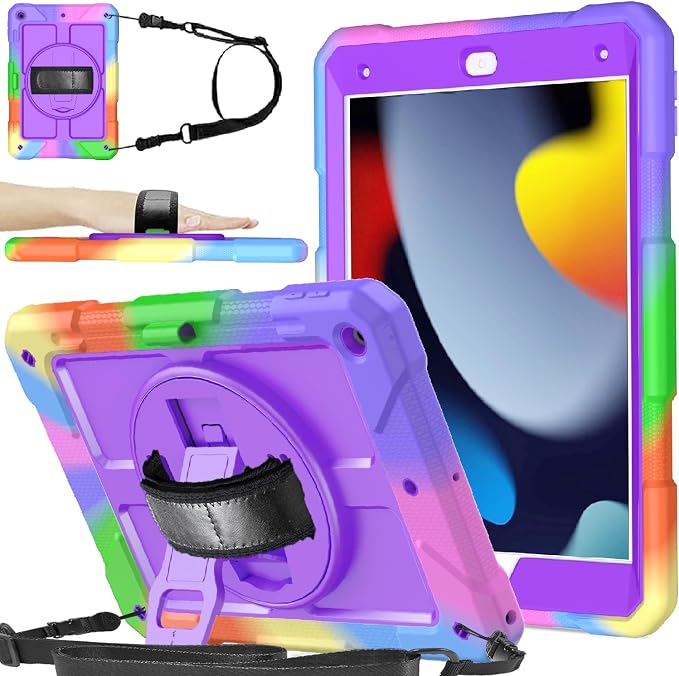 BMOUO for iPad 9th/8th/7th Generation Case 10.2 Black | Shockproof Rotating Stand Shoulder Hand Strap iPad 9th/8th/7th Generation Case with Pen Holder for iPad 10.2“ 2021/2020/2019