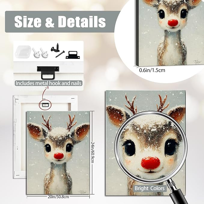 Funny Red Nose Deer Christmas Canvas Wall Art - Whimsical Framed Winter Wall Art for Living Room & Office, Cute Christmas Wall Decor with Wood Frame, Playful Christmas Gifts & Cozy Winter Decor