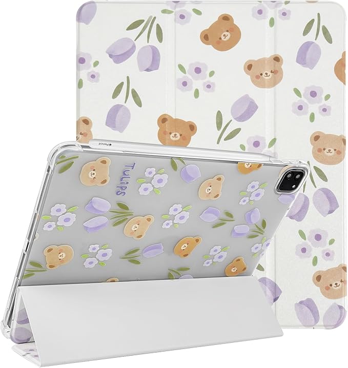 Lovmooful for iPad 9/8/7 Gen Case with Pencil Holder Cute-Bear Flower | Fit for iPad 9/8/7 (10.2-Inch2021/2020/2019 Model9th/8th/7th Generation)Soft TPUTrifold StandProtectiveGirly