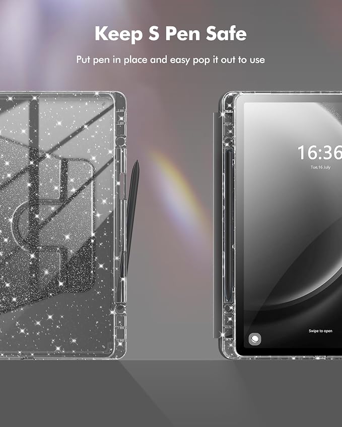 INFILAND Rotating Case for Samsung Galaxy Tab S10 FE/ S9 FE 5G 10.9 Inch/Tab S9 11 Inch 360 Cute Glitter Cover with Clear Back S Pen Holder for Girls Kids Woman (Black)