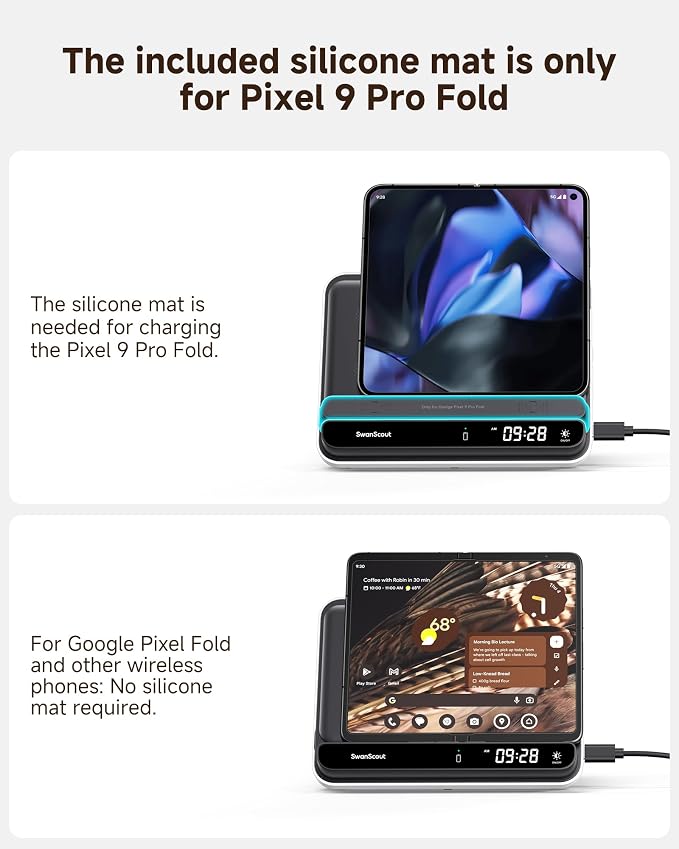 Dual Phone Wireless Charger for iPhone 17/16/15/14 Series for Galaxy S25/S24/S23/S22 for Pixel 9 Pro Fold/8/7 Only for Pixel Watch 3/2(Not for Watch 4/1) Fitbit Versa 4/3/Sense 2 SwanScout 710FG2