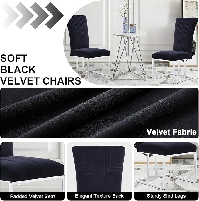 AUZ Dining Chairs Set of 2, Black and Silver Dining Chair with Velvet Upholstery and Mirrored Silver Sled Legs