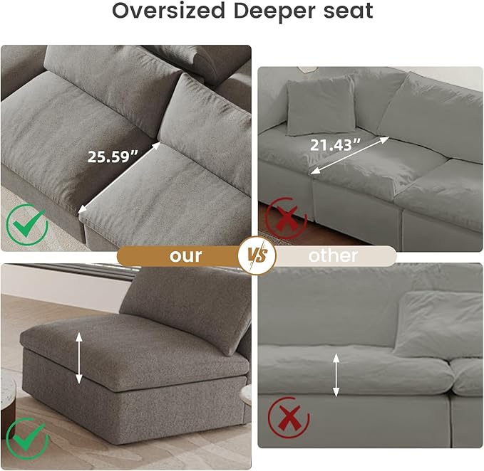 Cloud Modular Sectional Sofa with Storage Ottoman,120.45" L Shaped Couch for Living Room,Down Filled Convertible Couch Deep Seat for Office Apartment,Covers Washable&Replaceable (Gray)
