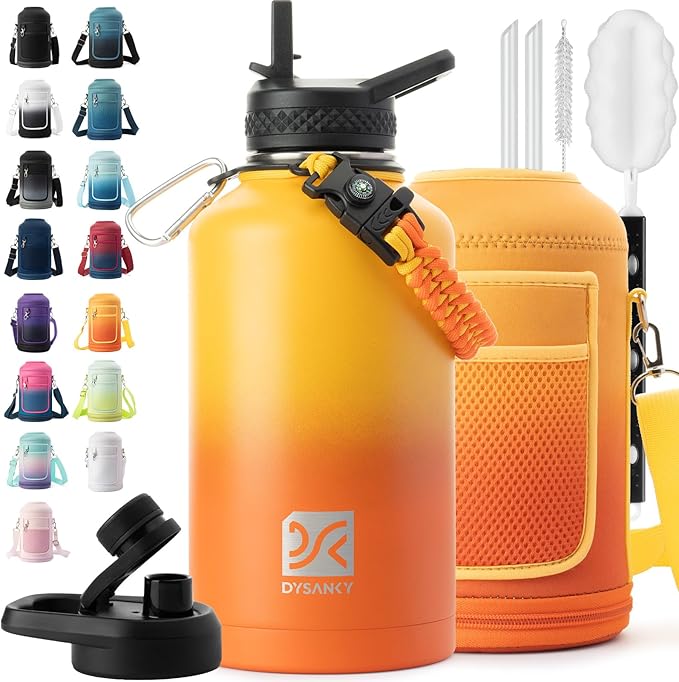 Insulated Water Bottle | Thickened Stainless Steel Vacuum Metal | Portable Sports Half Gallon Large Water Jug for Gym and Hiking with Straw, Carrier Bag, Handle Strap | BPA-Free 64 oz