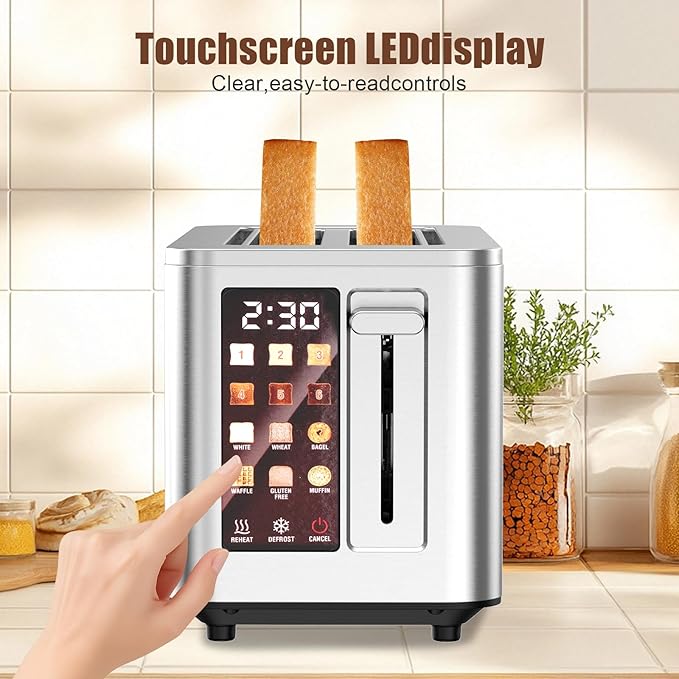 2026 Upgraded TAZTIR Touch Screen Toaster 2 Slice, Premium Stainless Steel Digital Bread Toaster with Timer, 1.5'' Wide Slot, 6 Shade Settings & 6 Bread Types, Bagel Defrost Reheat Cancel Functions