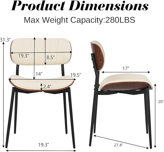 Modern PU Leather Dining Room Chairs Set of 4, Upholstered Kitchen Chairs with Curved Wood Backrest and Metal Legs Adjustable Feet for Kitchen Dining Room(Beige)
