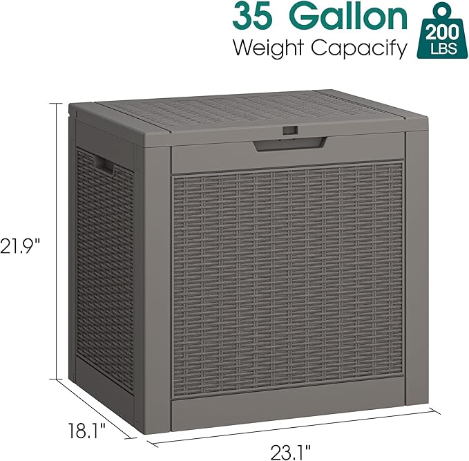 35 Gallon Outdoor Storage Box, Waterproof Resin Deck Box with Lockable Lid, Patio Furniture Side Table & Storage Bin for Package Delivery, Patio Cushions, Garden Tools, Pool Accessories, Grey