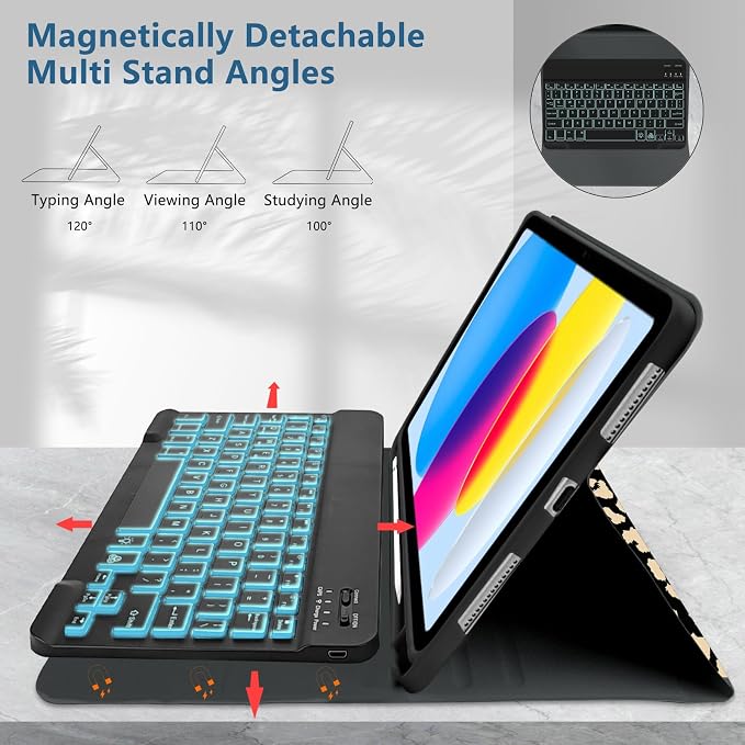 for Bluetooth Keyboard for iPad 10th Gen 10.9 inch (2022) case (A16) 11th / 10th Gen Case 11'' (2025) with 7-Color Backlights Pencil Holder Detachable Rechargeable - Black Cow