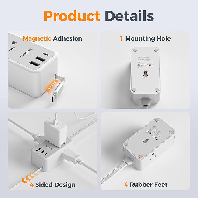 TESSAN Small Flat Plug Power Strip with 1 PD20W Retractable USB C Cable, Ultra Thin Extension Cord with 3 AC Outlets 3 USB Ports, 5 ft Slim Plug for Cruise Ship Travel, Dorm, Home Office