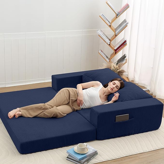 COMAX Convertible Sofa Bed Queen, Folding Fold Out Couch Bed, Floor Futon Couch Corduroy with Back Pillows, Boneless Sofa Comfy Lounge Sleeper Mattress Loveseat for Living Room Bedroom, Navy Blue