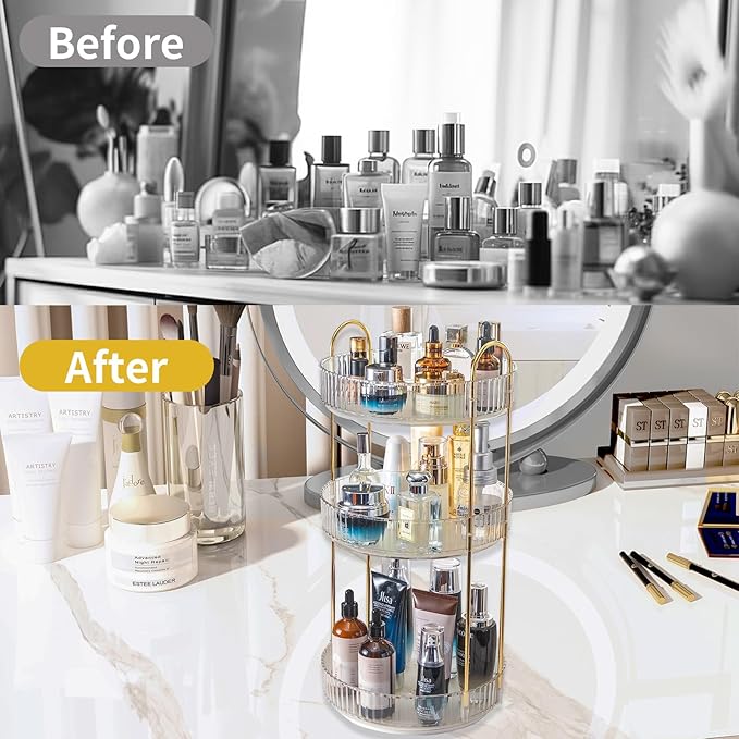 Asayuee 360 Rotating Makeup Organizer,3 Tier Large Capacity Make Up Organizers and Storage,Skincare Perfume Vanity Organizers,Bathroom Cosmetics Storage Organizer Countertop (Clear-3 Tier)