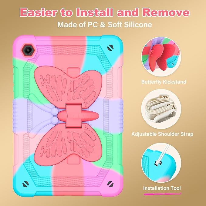 Cover for Samsung Galaxy Tab A11+ Plus/A9+ Plus Case with Screen Protector Galaxy Tab A11+/A9+ 11 inch 2025/2023 Released with Butterfly Stand Shoulder Strap Shockproof case for Kids Girl Colorful