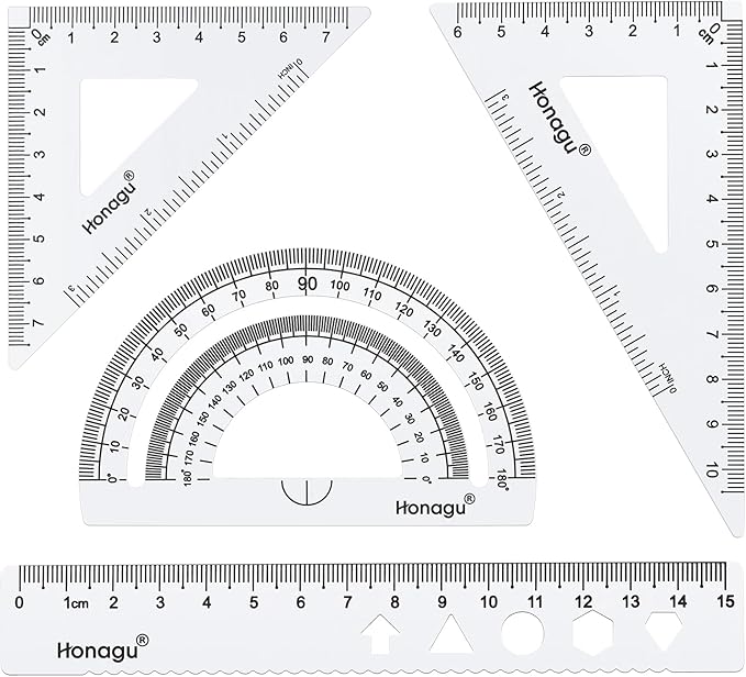 Honagu Triangular Ruler Set, 4 Pieces Aluminum Alloy Metal Drafting Ruler, Geometric Protractor for Students, Draftsmen, Engineers, Home School Office Supplies (15cm/5.9inches, Silver)