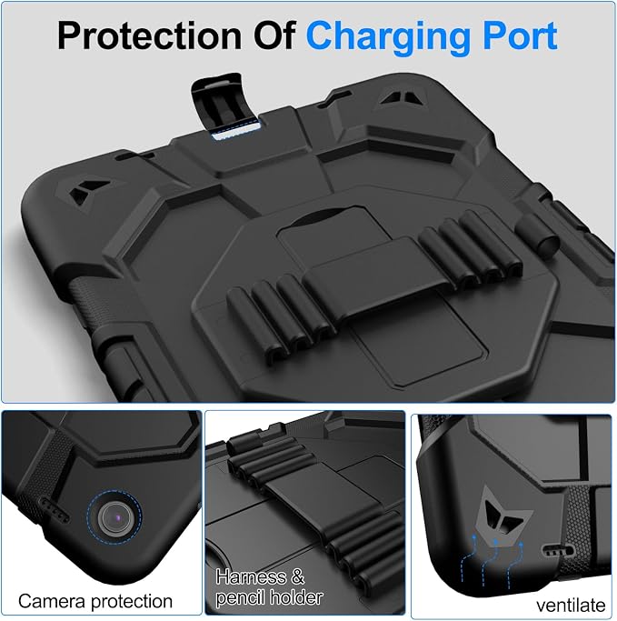 Heavy Duty Shockproof Case for Samsung Galaxy Tab A9+ Plus 11 2023 (SM-X210/X216/X218) [Dual Front Frame] with/No Screen Protector 360 Rotating Stand Hand &amp Shoulder Strap (Black/Black)