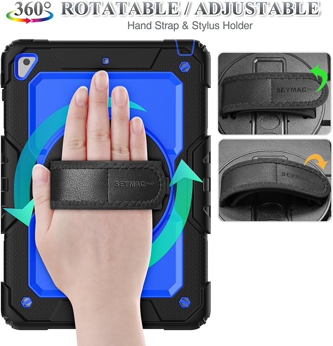 SEYMAC stock Case for iPad 6th / 5th Generation Case/Air 2 / Pro 9.7 inch Heavy Duty Protective with Screen Protector with Pencil Holder Hand Strap Shoulder Strap 360 Rotate Stand Black