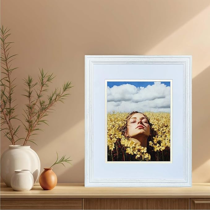 11x14 Picture Frame for Wall Hanging Solid Oak Wood, 8x10 Picture Frame with Mat,11x14 Premium Photo Frame with Real HD Tempered Glass,Ideal for Home Decor, Art Gallery,White, 1 Pack