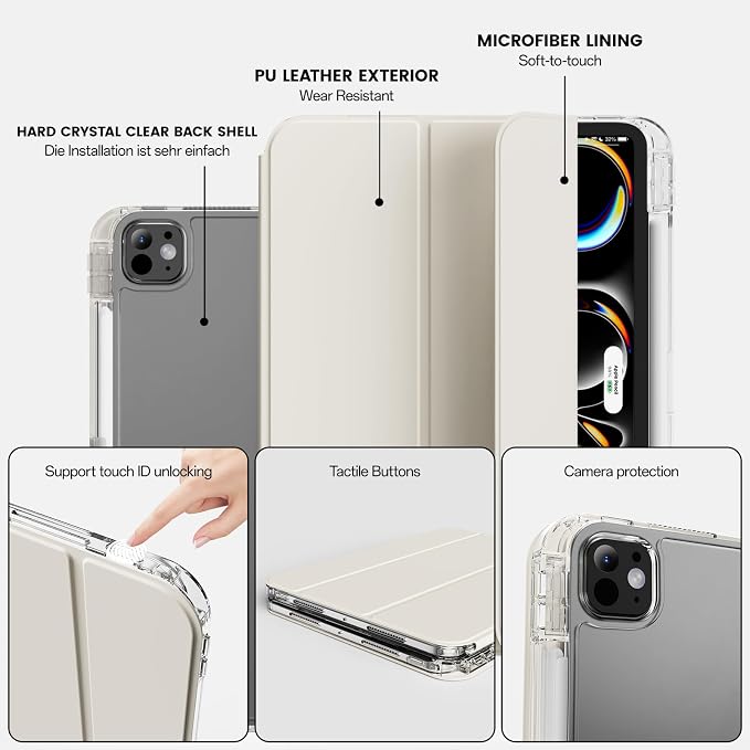Case for iPad Pro 11 Inch Case (M5/M4) 2025/2024 Black | Pencil Holder 2 in 1 Detachable Trifold Sliding Cover Clear Hard Back Shell Supports Pencil Pro Charging