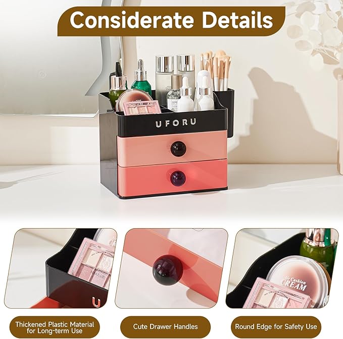 Makeup Organizer for Vanity with Brush Holder, Countertop Organizer with 2 Drawers, Spacious Cosmetic Display Case for Beauty Essential, Skincare, Lipstick
