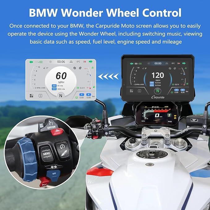 CARPURIDE W702BS PRO for BMW Motorcycle CarPlay & Android Auto Dual Bluetooth, 7" Waterproof GPS Navigation Screen, Data Reading, Native Wonder, TPMS, Light Sensor, Music Sharing, Intercom,16-Pin