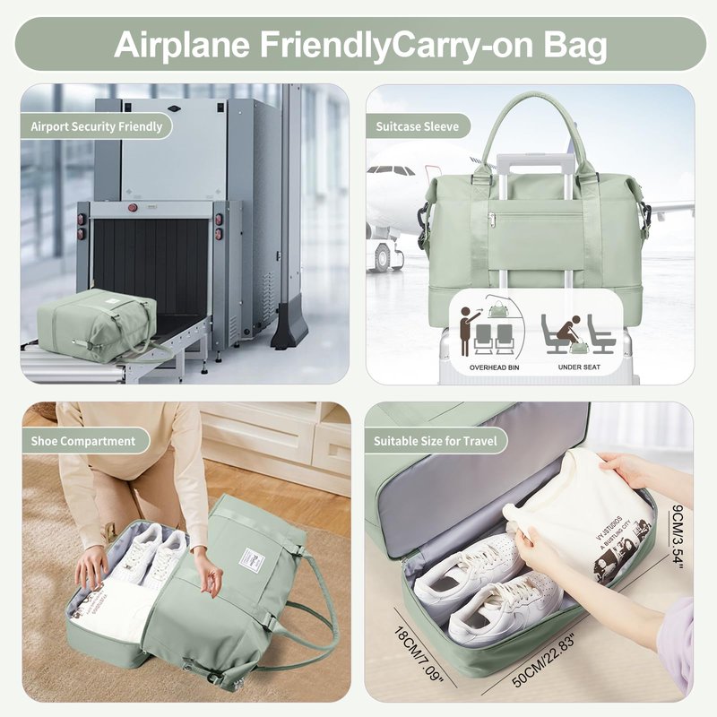 Travel Duffle Bag for Women,Weekender Overnight Bag with Shoe Compartment,Carry on Personal Item Travel Bag,3 Pcs Set,Light Green