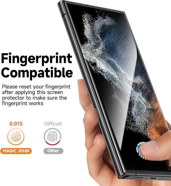 MAGIC JOHN 2 Pack for Samsung Galaxy S22 Ultra Screen Protector [PET Ceramic film] Not Glass 6.8 inch[100% Fingerprint ID Compatible] Easy Installation Tray 3D Curved Bubble Free Scratch Proof HD