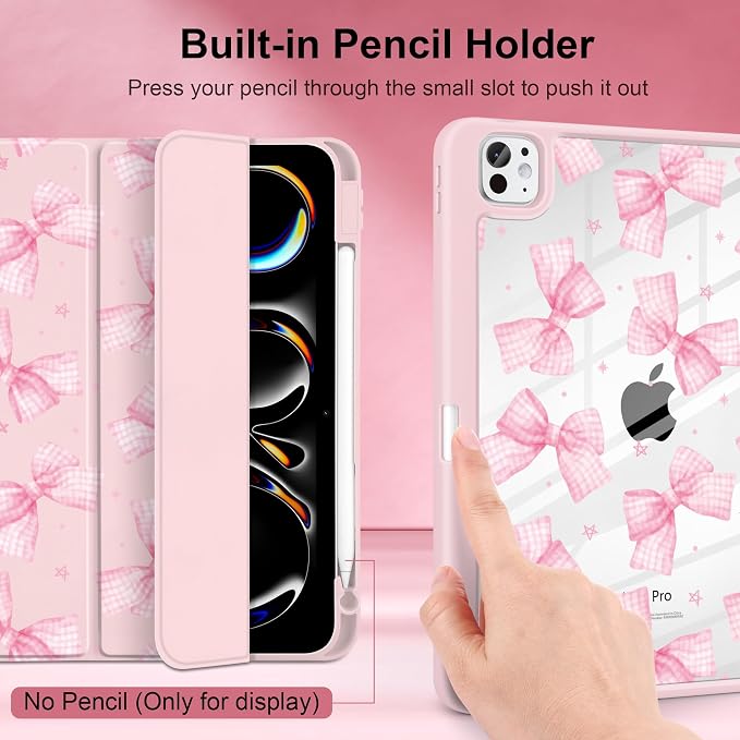 DONGKE for iPad Pro 11-Inch Case (M5 2025 / M4 2024) 6th/5th Generation [Auto Sleep/Wake &amp Pencil Pro Holder] Clear Acrylic Back Smart Trifold Stand Cover Bear &amp Cherry