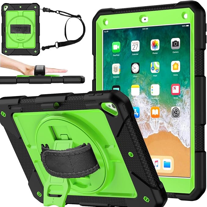 BMOUO Case for iPad 6th/5th Generation Case (9.7 inch 2018/2017) 360°Rotating Stand Hand/Shoulder Strap Shockproof iPad 9.7” Case for iPad Air 2 Black