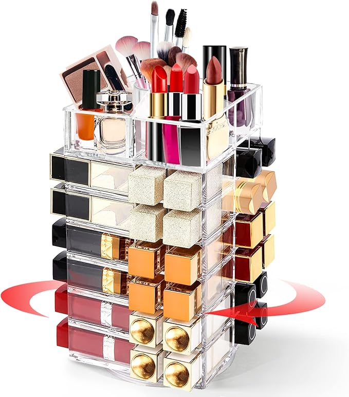 Acrylic Lipstick Tower Holder, 360 Degree Rotating Makeup Cosmetic Lipsticks Organizer with 53 Slots, Spinning Lipgloss Storage Display Stand Holder