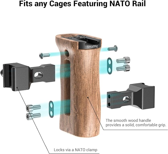 SmallRig Universal Side Wooden NATO Handle Grip DSLR Camera Cage w/Cold Shoe Mount Built-in Wrench, Threaded Holes – 2187