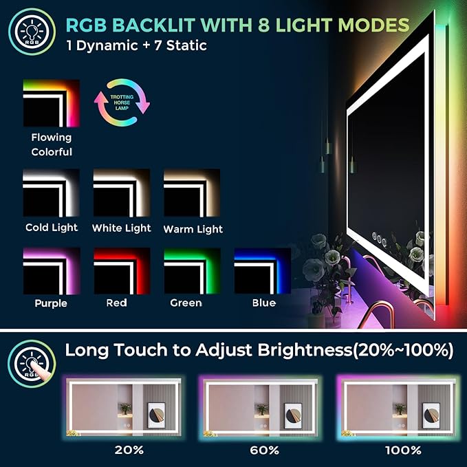YEELAIT 68x38 Inch RGB LED Bathroom Mirror Front Light and RGB Backlit Lighted Vanity Mirror for Bathroom Wall Mounted Dimmable Anti Fog Memory Shatter-Proof IP54 Waterproof Horizontal/Vertical