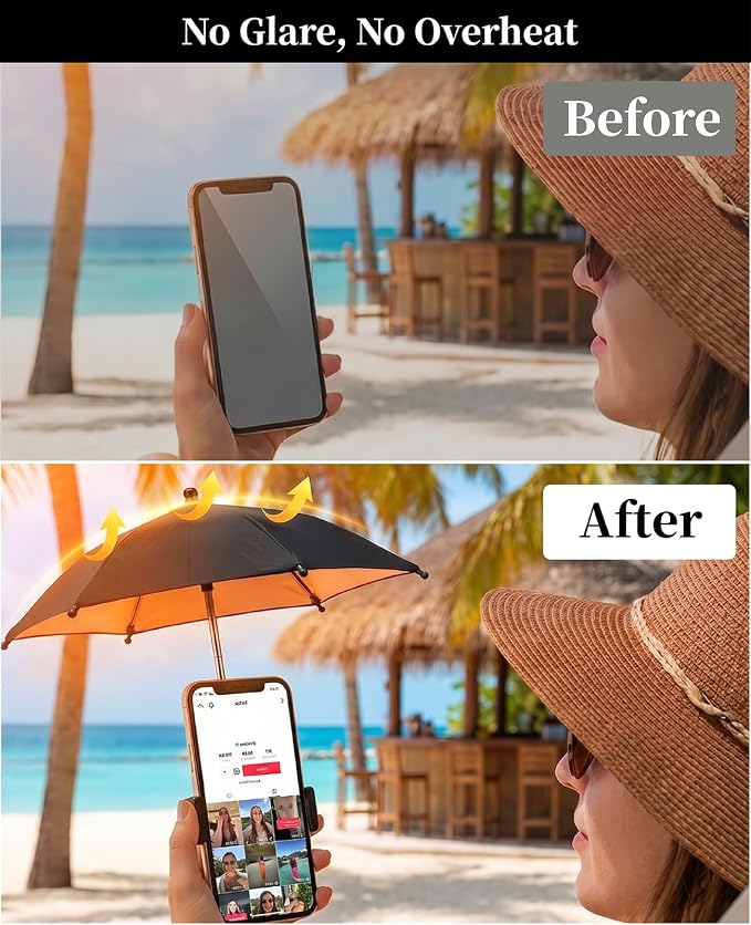 Strong Phone Sunshade Umbrella for iPhone/Android with Sturdy Clip - 360 Adjustable Mini Tanning Shade Cover - UPF 50+ UV Protection - Ultra-Lightweight &amp Compact - Black