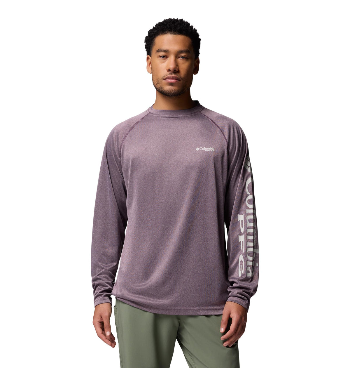 Columbia Men's PFG Terminal Tackle Long Sleeve Fishing Shirt, Dusty Purple Heather/Cool Grey Logo, Large
