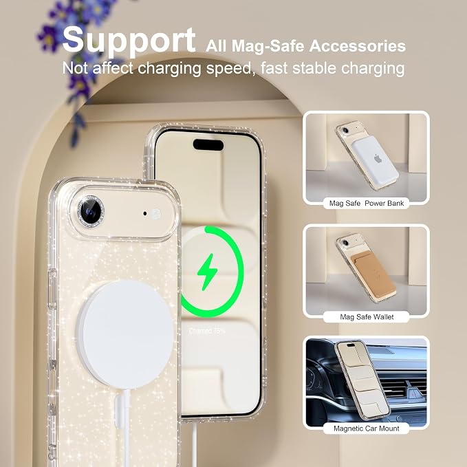 Choiche for iPhone 15 Pro Max Case Compatible with MagSafe Glitter Black | Women Girly Cute Glitter Sparkly Magnetic Phone Case with Diamond Camera Lens Protectors Military-Grade Drop Protection 6.7
