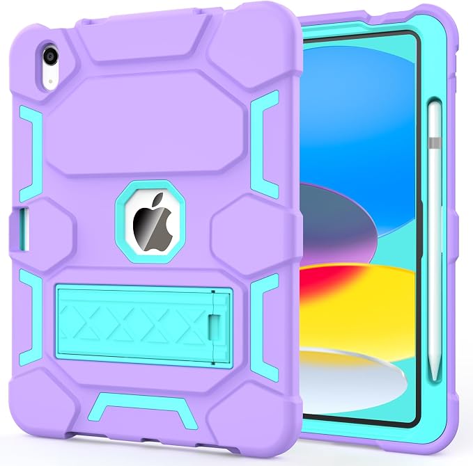 Case for iPad 11 11th Gen (A16) 2025 &amp 10th Gen 2022 10.9 Purple+Green | Kickstand | With Pencil Holder | Drop-Proof Silicone+Hard Shell | Raised Edge Protects Screen&ampCamera | Heavy Duty Pr
