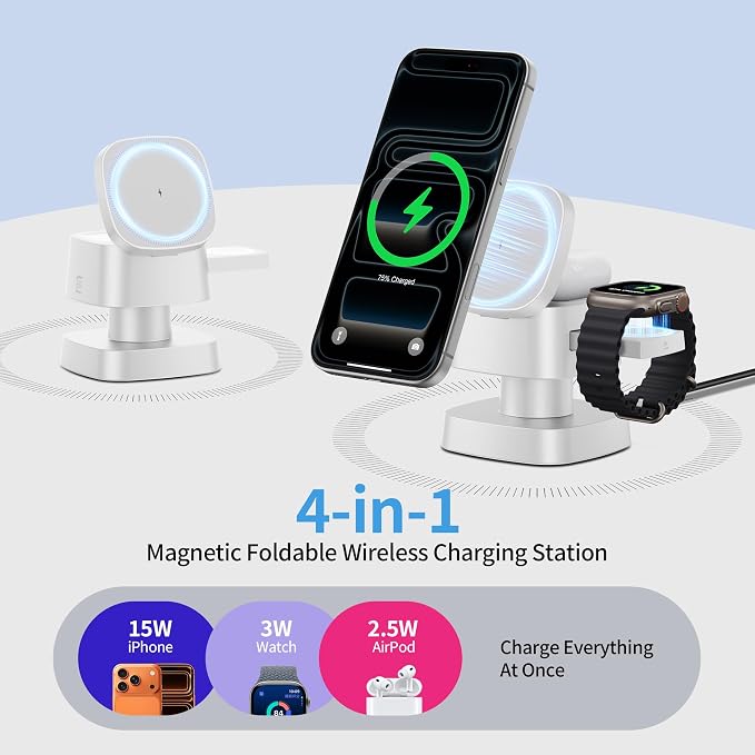 4 in 1 Magnetic Wireless Charging Station15W Fast Charging with Night Light for MagSafe Charger Stand3 in 1 Wireless Charger for iPhone 17/16/15/14/13 Pro MaxApple Watch &amp AirPodsSand Gold