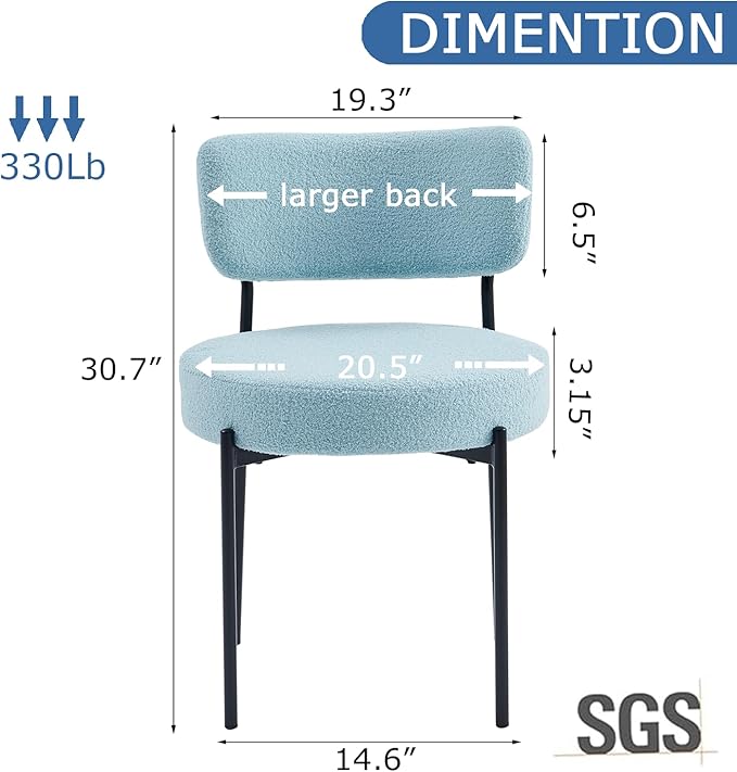 Blue Boucle Dining Chairs Set of 2, Upholstered Dinner Chair with Metal Frame, Dining Room Chairs with Padded Seat, Round Modern Seating for Living Room