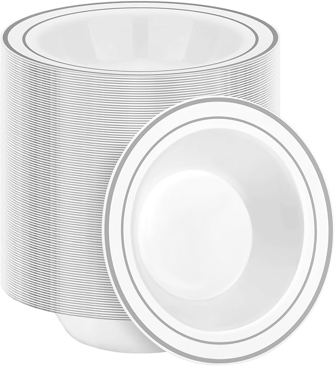 BESTSTAR 100 Pack clear Plastic Bowls with Red Rim