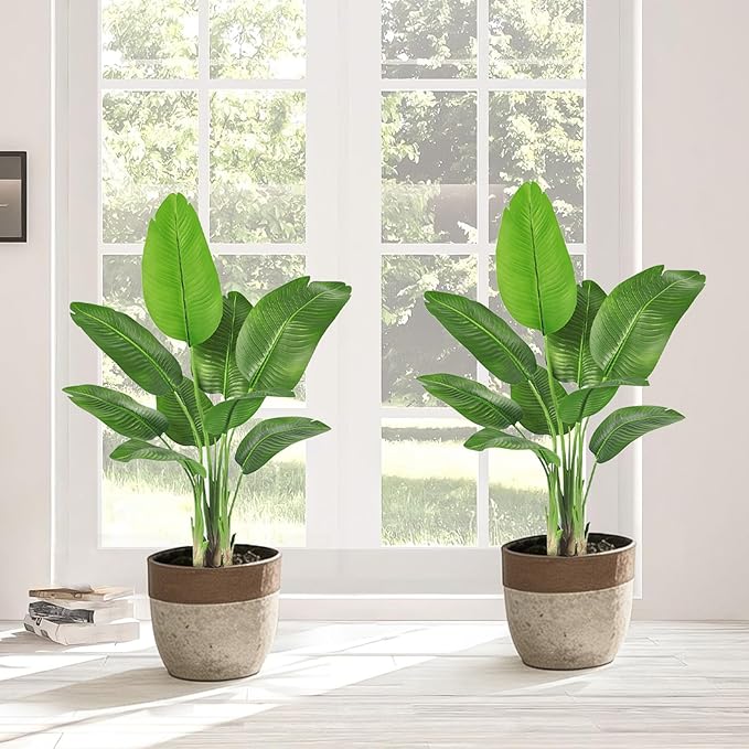 2 Pack Birds of Paradise Plant Artificial, 4FT Fake Plants Faux Banana Leaf Tree with 9 Banana Leaves, Lifelike Tall Fake Tropical Indoor Silk Floor Plant in Black Pot for House,Office,Room,Home Decor