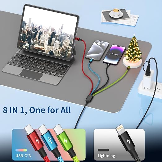 4 in 1 Multi Charging Cable 2 Pack 6FT Charging Cords for Devices | Nylon Braided USB C Car Charger Cable with Dual USB-C IP &amp Micro Ports Long Travel Charging Cord for Cars