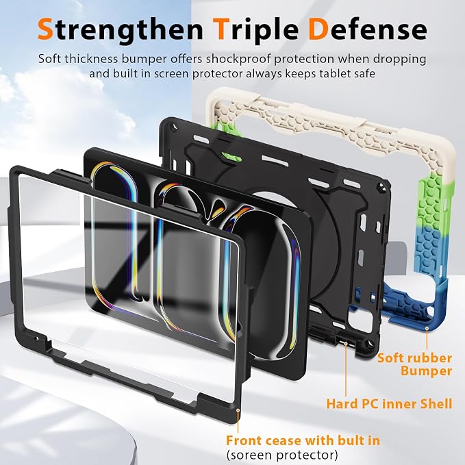 ROISKIN for iPad Pro 11 inch Case (M5/M4 (2025/2024)) Pro 11'' 6th/5th Gen -with HD Screen Protector 360 Kickstand/Handle Shoulder Strap Pen Holder Heavy Duty Military Grade - Kids Friendly