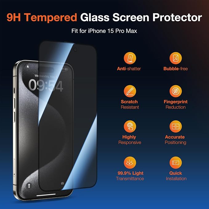 KUZOOM 2Pack Privacy 9H+ Tempered Glass Screen Protector for iPhone 13 | 9H+ Tempered Glass 100% Fingerprint Unlock Automatic Dust Removal Anti-Scratch Protection