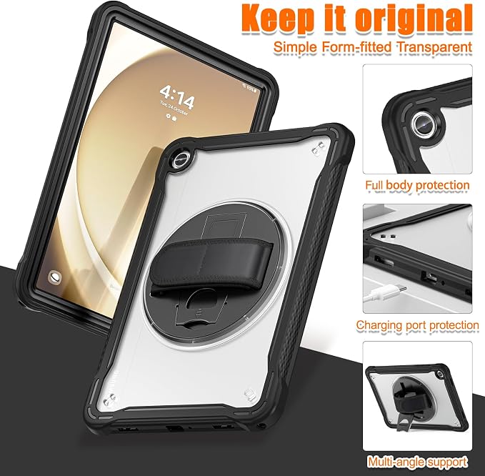 Junfire Clear Case for Samsung Galaxy Tab A9 Plus 11-inch 2023 Shockproof Slim Hard Case for Galaxy Tab A9+ with 360°Rotating Kickstand/Hand Strap/Shoulder Strap-Black